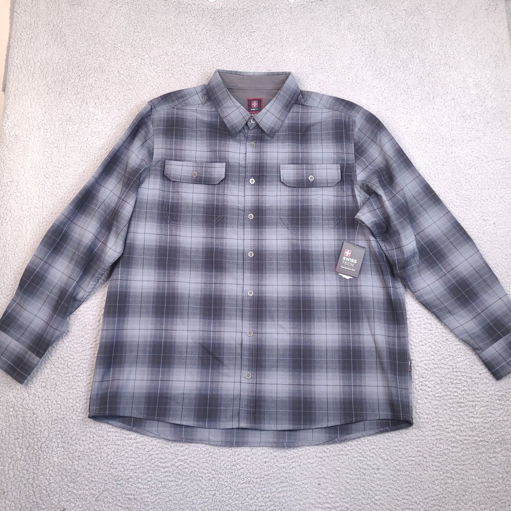 Swiss Tech Poly Flannel Shirt Mens XXL Black Soot Plaid SM47Y118B NWT *Read